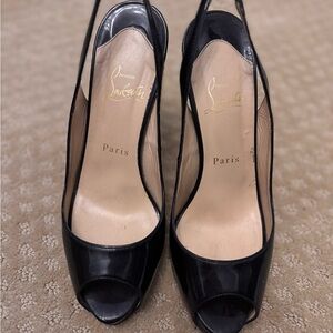 Christian Louboutin Black Patent Peep-Toe Slingback Heels Prive 120
